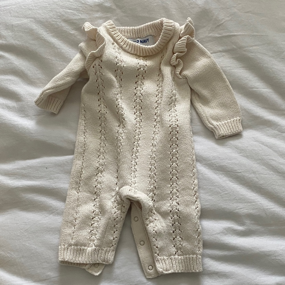 Old Navy Cream Knit Baby Romper with Ruffle Shoulders